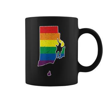 Gay Pride Flag - Rhode Island State Map - Rainbow Stripes Coffee Mug | Mazezy