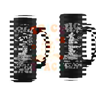 Groovy Halloween Trick Or Teach Retro Floral Ghost Teacher Coffee Mug - Seseable