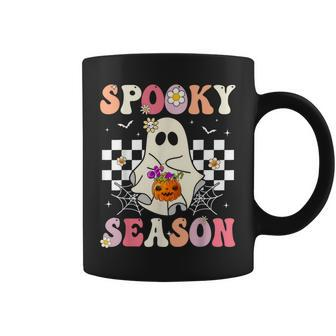 Groovy Spooky Season Retro Ghost Holding Pumpkin Halloween Coffee Mug - Monsterry DE