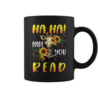 Haha Made You Read Cute Giraffe Reading Book Lover Bookworm Reading Funny Designs Funny Gifts Coffee Mug | Mazezy