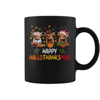Happy Hallothanksmas Highland Cow Print Halloween Christmas Coffee Mug - Seseable