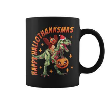 Happy Hallothanksmas T-Rex Halloween Thanksgiving Christmas Coffee Mug - Monsterry DE