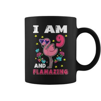 I Am 9 And Flamazing- Birthday Pink Flamingo Amazing Party Coffee Mug | Mazezy