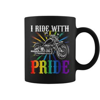 I Ride With Pride Gay Biker Rainbow Motorcycle Lover Queer Coffee Mug | Mazezy CA
