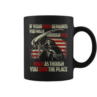 If Your Path Demands You Walk Through Hell Skeleton Usa Flag Usa Funny Gifts Coffee Mug | Mazezy