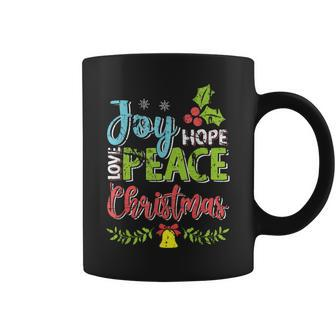 Joy Hope Love Peace Christmas Season Wishes Distressed Coffee Mug | Mazezy