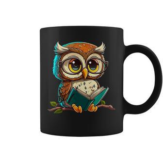 Kawaii Owl Reads Book Reading Bookworm Library Book Coffee Mug - Seseable