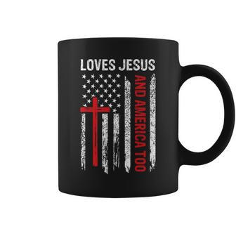 Loves Jesus America Too Flag 4Th Of July Christian Religious Coffee Mug | Mazezy
