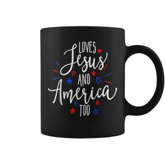 Loves Jesus And America Too Retro 4Th Of July Cute Christian Coffee Mug | Mazezy