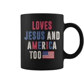 Loves Jesus And America Too Retro 4Th Of July Proud Usa Flag Usa Funny Gifts Coffee Mug | Mazezy