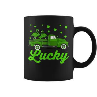 Lucky Flamingo Riding Green Truck Flamingo St Patricks Day Coffee Mug | Mazezy