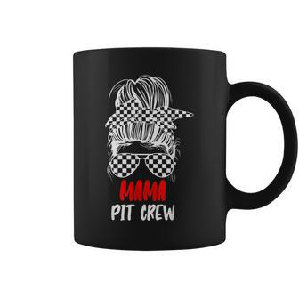 Mama Pit Crew Messy Bun Race Track Flag Car Racing Womens Gifts For Mama Funny Gifts Coffee Mug | Mazezy
