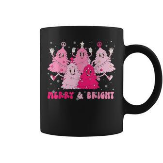 Merry And Bright Retro Groovy Pink Christmas Tree Smile Face Coffee Mug - Thegiftio UK