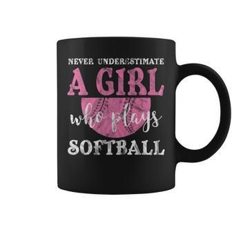 Never Underestimate A Girl Who Plays Softball Grunge Look Coffee Mug - Seseable