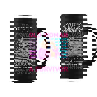 Never Underestimate An Old Woman Who Beat Breast Cancer Old Woman Funny Gifts Coffee Mug | Mazezy