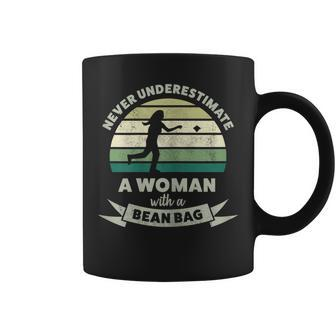 Never Underestimate Woman With Bean Bag Cornhole Gift For Womens Coffee Mug - Seseable