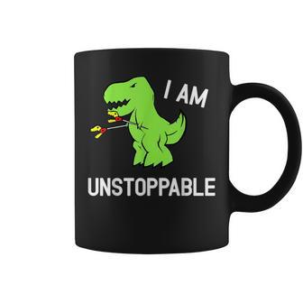 Now I Am Unstoppable Funny T-Rex Dinosaur Grabbing Stick Coffee Mug | Mazezy