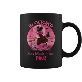 In October Bad Witch Wear Pink Breast Cancer Halloween Retro Coffee Mug | Mazezy