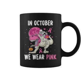 In October We Wear Pink Breast Cancer Dino Pumpkin Halloween Coffee Mug - Seseable