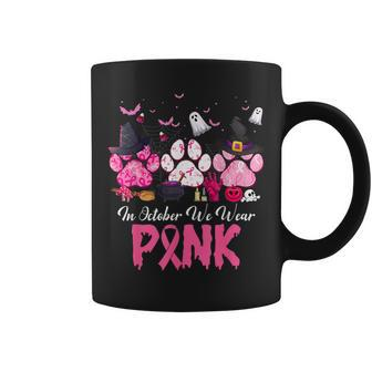 In October We Wear Pink Breast Cancer Halloween Dog Paws Coffee Mug - Monsterry AU