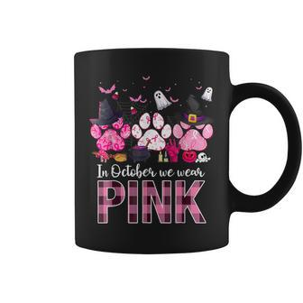 In October We Wear Pink Breast Cancer Halloween Dog Paws Coffee Mug - Seseable