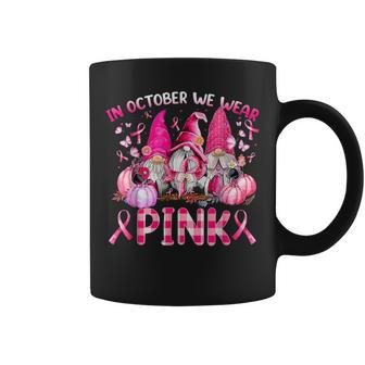 In October We Wear Pink Gnomes Breast Cancer Halloween Coffee Mug - Seseable