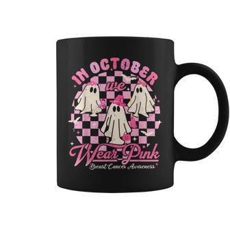 In October We Wear Pink Halloween Breast Cancer Awareness Coffee Mug | Mazezy
