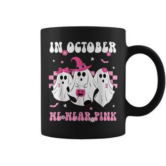 In October We Wear Pink Retro Ghosts Halloween Breast Cancer Coffee Mug - Seseable