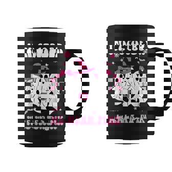 In October We Wear Pink Retro Ghosts Halloween Breast Cancer Coffee Mug - Seseable