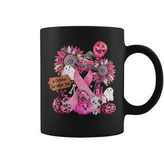 In October We Wear Pink Ribbon Leopard Pumpkin Breast Cancer Coffee Mug - Seseable