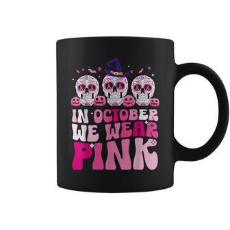 In October We Wear Pink Sugar Skull Halloween Breast Cancer Coffee Mug - Monsterry CA