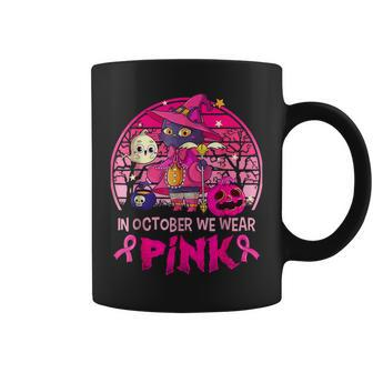 In October We Wear Pink Witch Cat Breast Cancer Awareness Coffee Mug | Mazezy