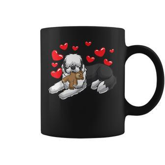 Old English Sheepdog Dog With Stuffed Animal And Hearts Coffee Mug | Mazezy