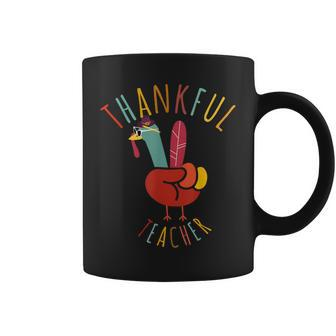 Peace Hand Sign Turkey Thankful Teacher Thanksgiving Coffee Mug - Seseable