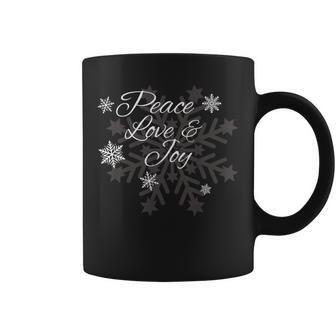 Peace Love & Joy Holiday Season Snowflake Themed X-Mas Coffee Mug | Mazezy