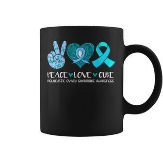 Peace Love Cure Polycystic Ovary Syndrome Pcos Teal Ribbon Coffee Mug - Monsterry