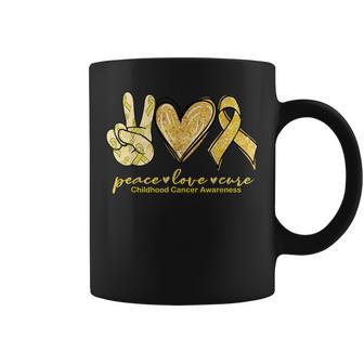 Peace Love Cure Yellow Ribbon Childhood Cancer Awareness Coffee Mug - Monsterry