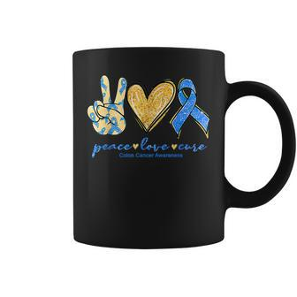 Peace Love Cures Ribbon Colon Cancer Awareness Supporter Coffee Mug - Seseable