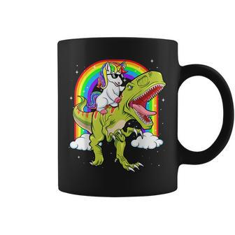Rainbow Unicorn Riding T Rex - Dinosaur Boys Girls Men Women Coffee Mug | Mazezy
