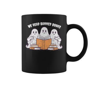 We Read Banned Books Cute Ghost Read A Book Halloween Retro Coffee Mug - Monsterry