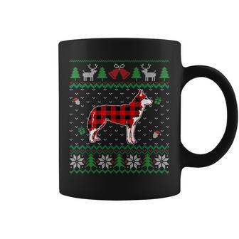 Red Plaid Siberian Husky Dog Ugly Christmas Sweater Coffee Mug | Mazezy