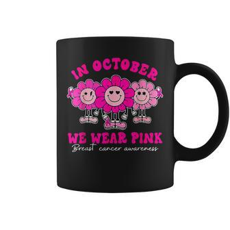 Retro Groovy In October We Wear Pink Breast Cancer Awareness Coffee Mug | Mazezy