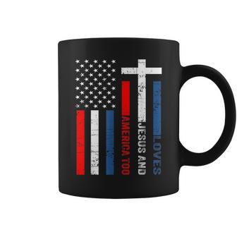 Retro Loves Jesus & America Too Christ 4Th Of July Usa Flag Usa Funny Gifts Coffee Mug | Mazezy