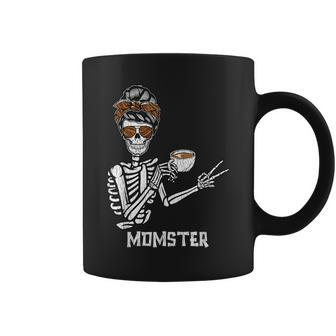 Retro Messy Bun Skeleton Drinking Coffee Momster Mama Mom Coffee Mug - Seseable
