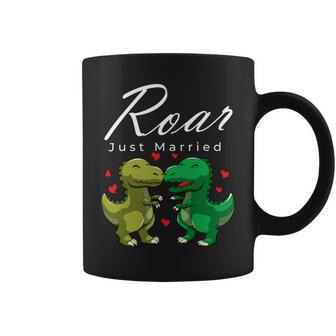 Roar Just Married Kissing Trex Valentines Day Honeymoon Coffee Mug - Monsterry DE