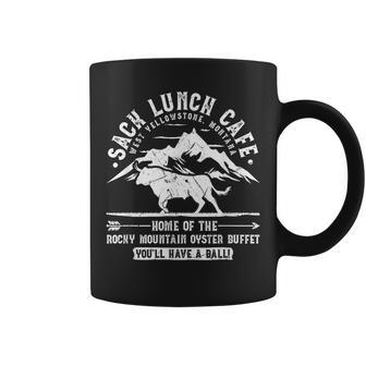 Sack Lunch Cafe Funny Rocky Mountain Oysters Montana Coffee Mug | Mazezy