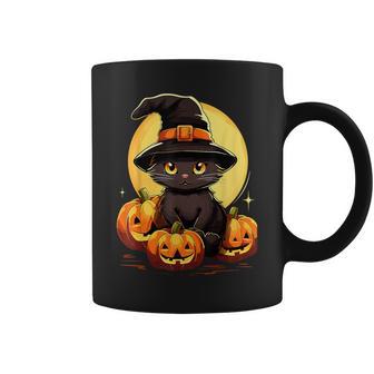 Scary Black Cat Witch Hat Pumpkin Vintage Halloween Costume Coffee Mug | Seseable CA