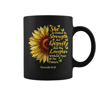 She Is Clothed Strength Dignity Laughs Bible Verse Sunflower Coffee Mug - Monsterry