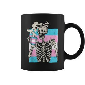 Skeleton Drinking Coffee Lgbtq Transgender Pride Trans Flag Coffee Mug | Mazezy