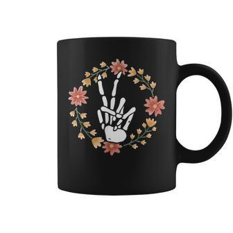 Skeleton Hand Peace Sign Bones Flowers Coffee Mug | Mazezy